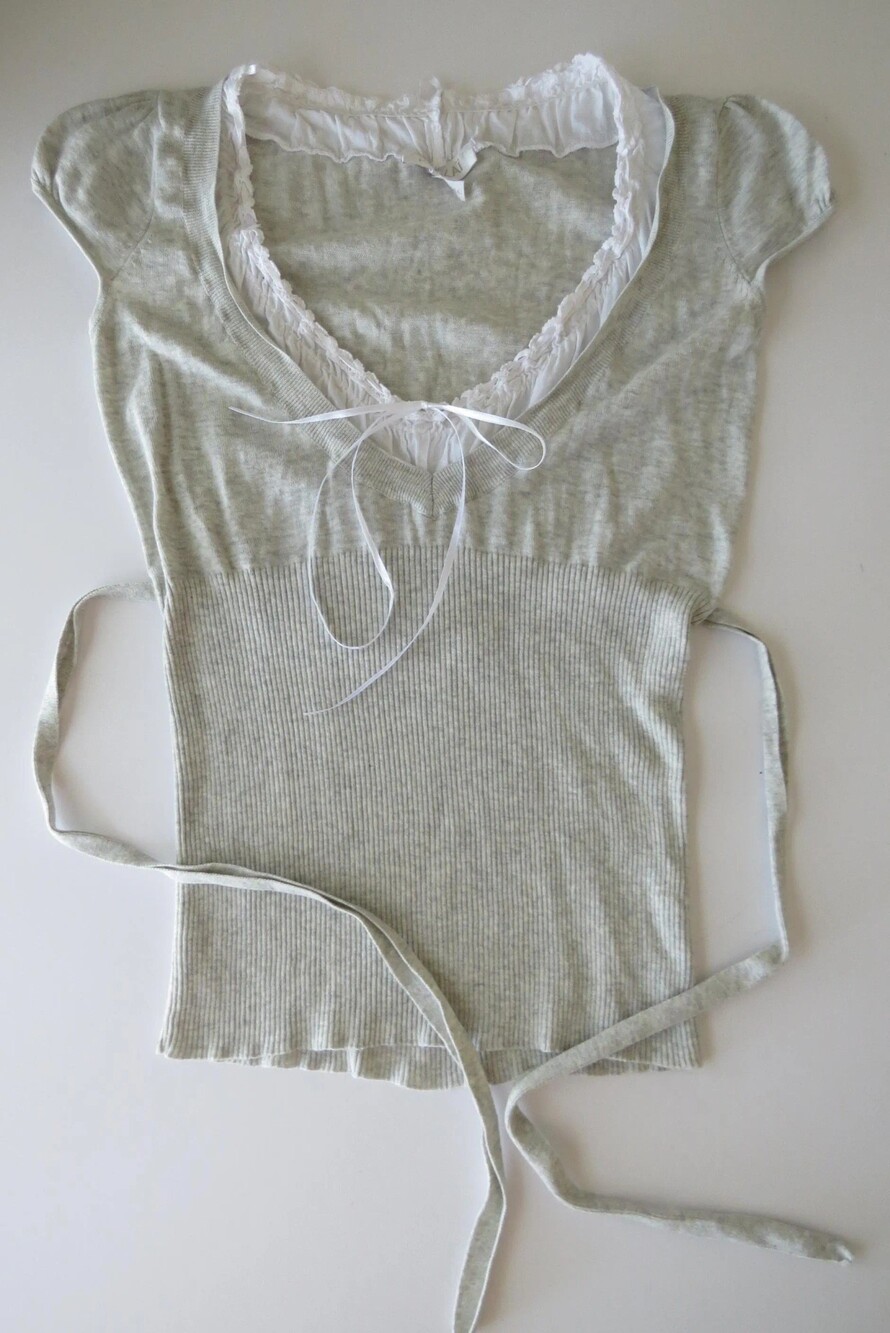 Kookai Vintage French Grey Knit Top, Wrap Tie Cap Sleeve, Ruffles Ribbons, Franc